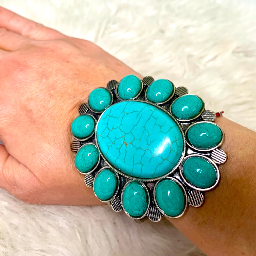Turquoise and Sliver Flower Cuff